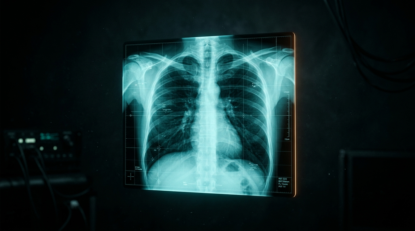 Stylized chest radiograph rendered in teal and amber tones over a dark background